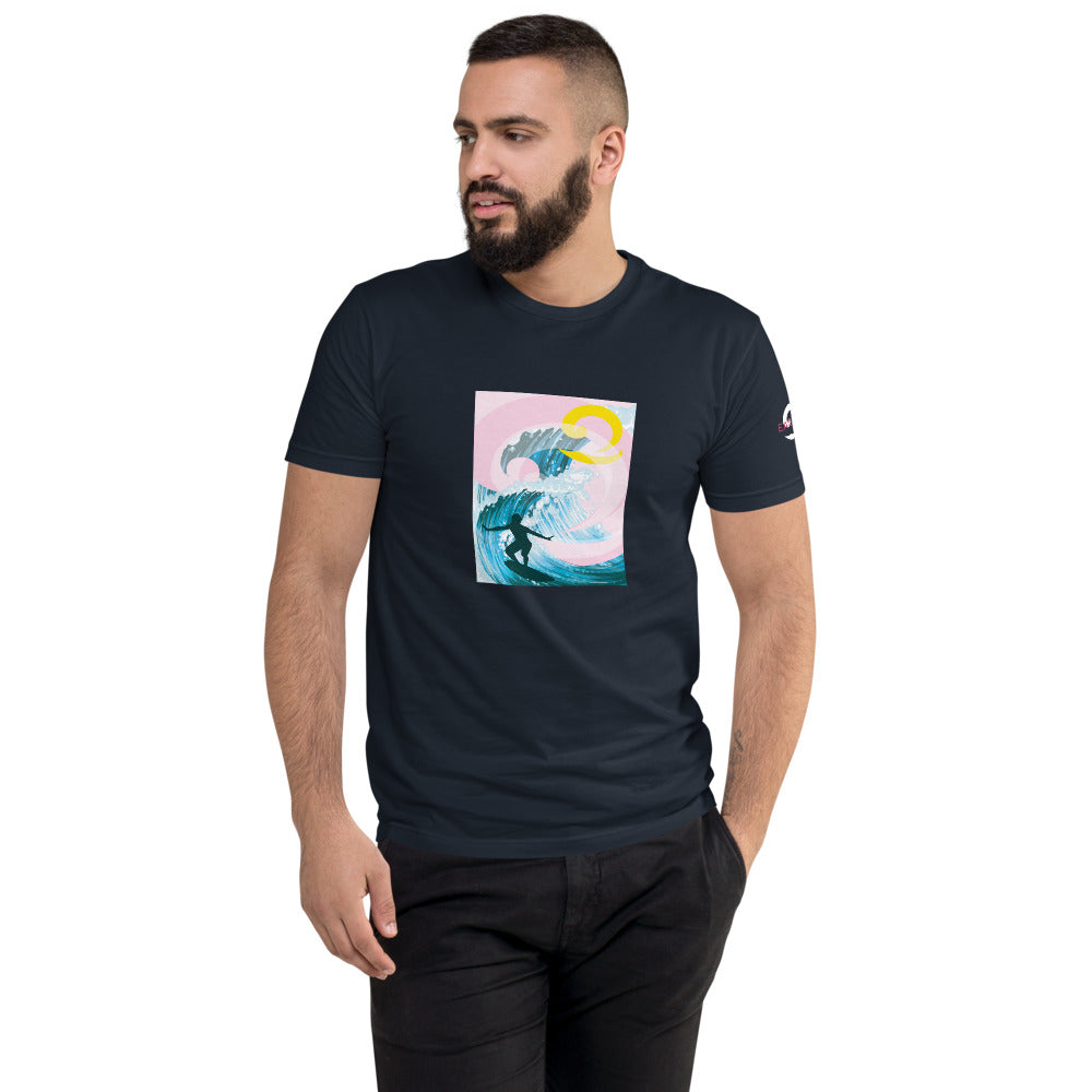 Surfer pink and blue graphic on navy blue men's t-shirt by Eatsalt