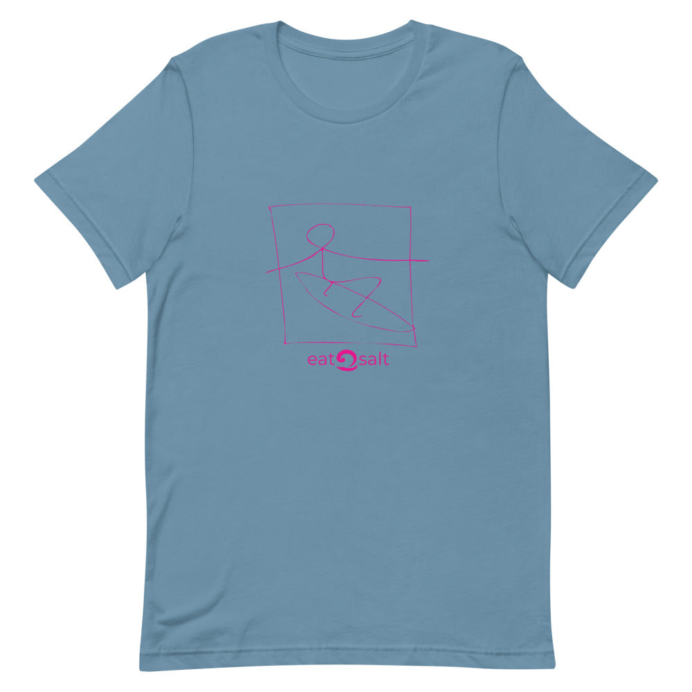 pink surfer line design on t-shirt - sea blue