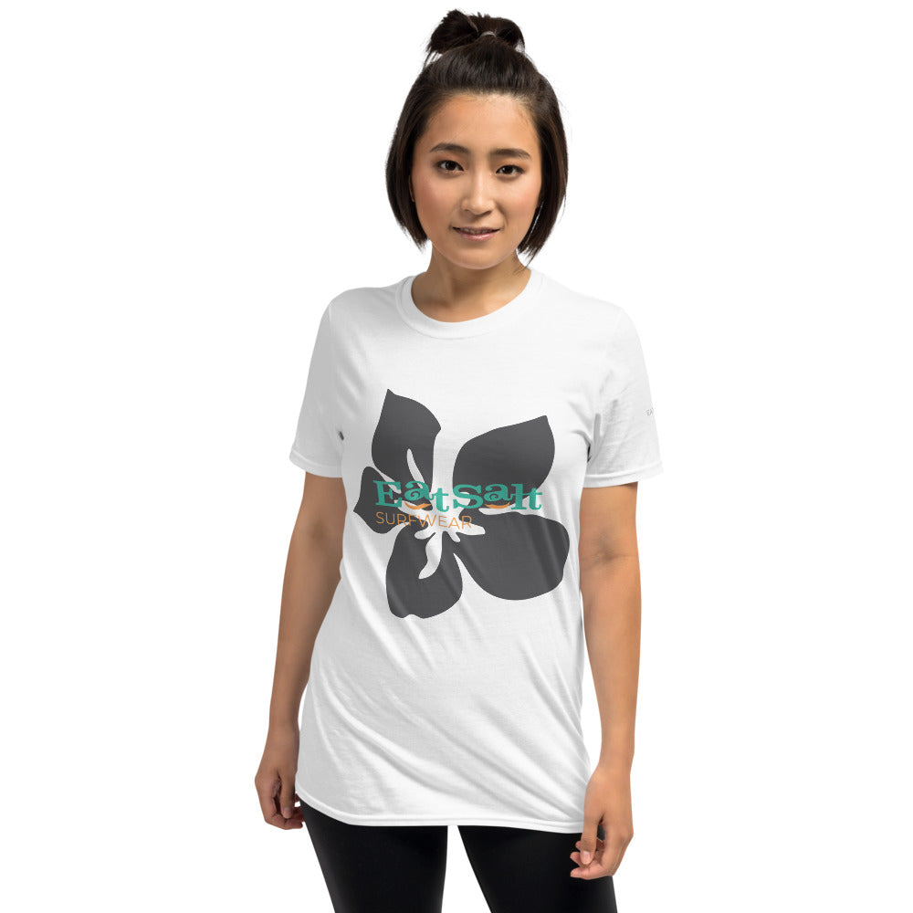white t-shirt with grey flower