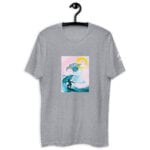 Surfer pink and blue graphic on grey t-shirt by Eatsalt hanging up