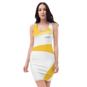 Eatsalt white fitted dress with orange swirl design - front