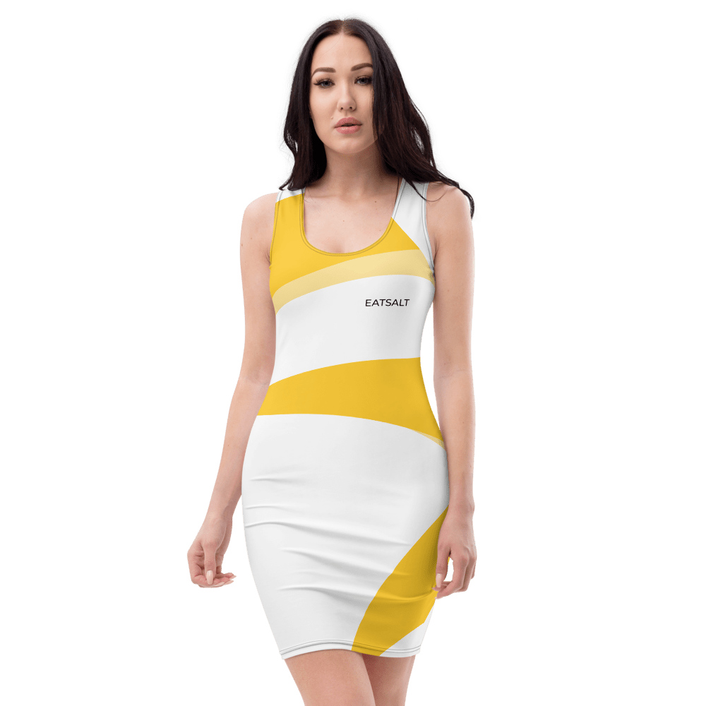 mockup-991d7ea9.png Eatsalt white fitted dress with orange swirl design - front