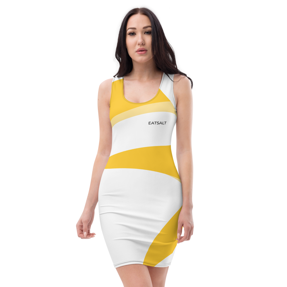Eatsalt white fitted dress with orange swirl design - front