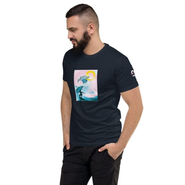 Surfer pink and blue graphic on navy blue t-shirt by Eatsalt