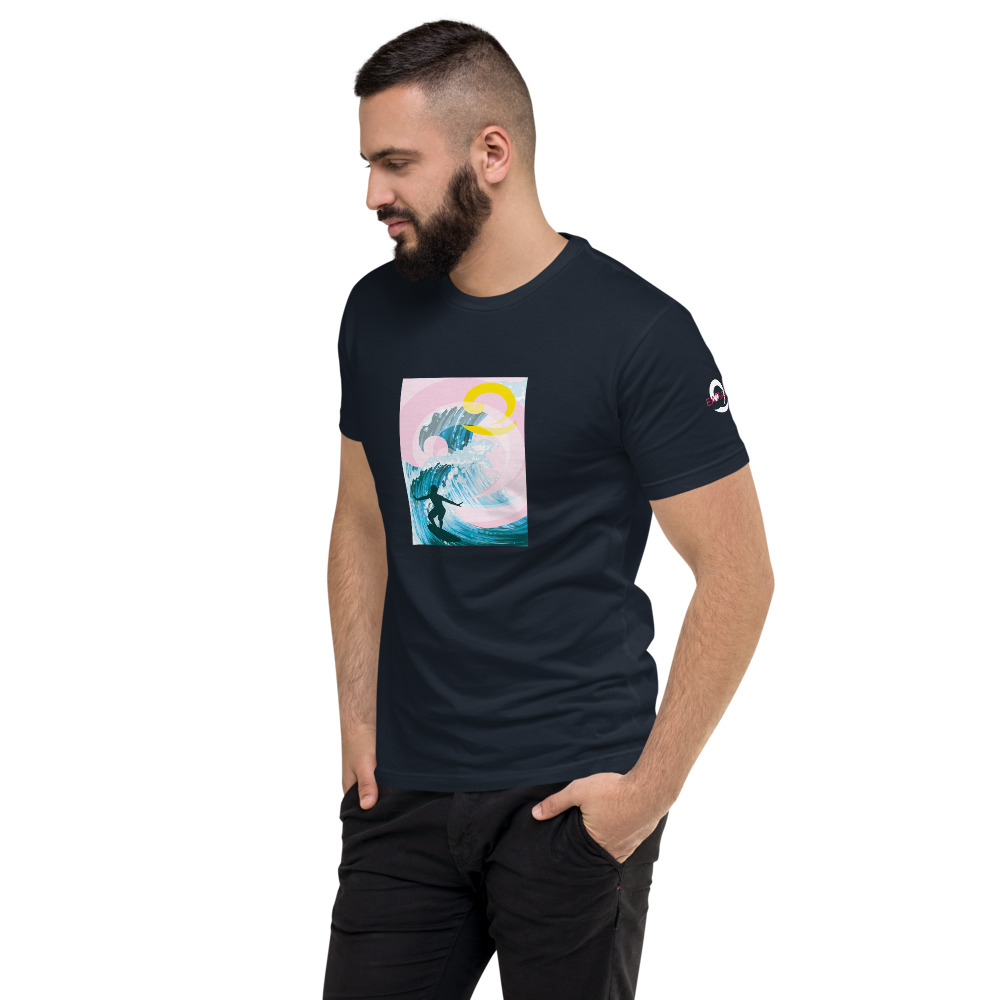 mockup-b61a36fa.jpg Surfer pink and blue graphic on navy blue t-shirt by Eatsalt
