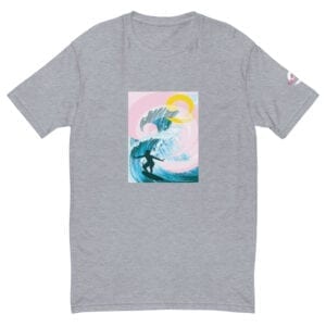 Surfer pink and blue graphic on grey t-shirt by Eatsalt lying down