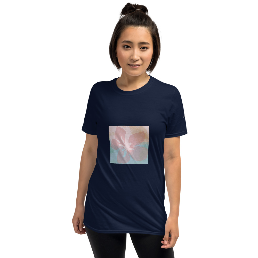 pink flower on dark blue t-shirt