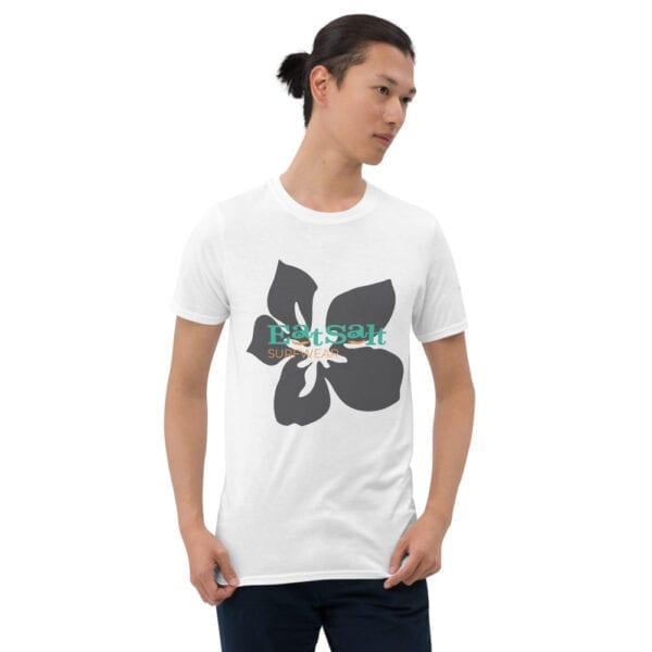 white t-shirt with grey flower