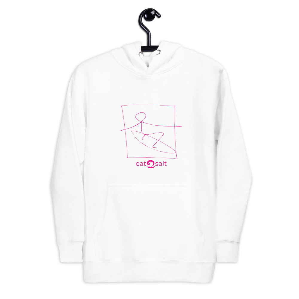 white hoodie with pink surfer line drawing by eatsalt