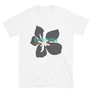 white t-shirt with grey flower