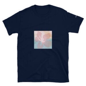 pink flower on dark blue t-shirt by eatsalt.com