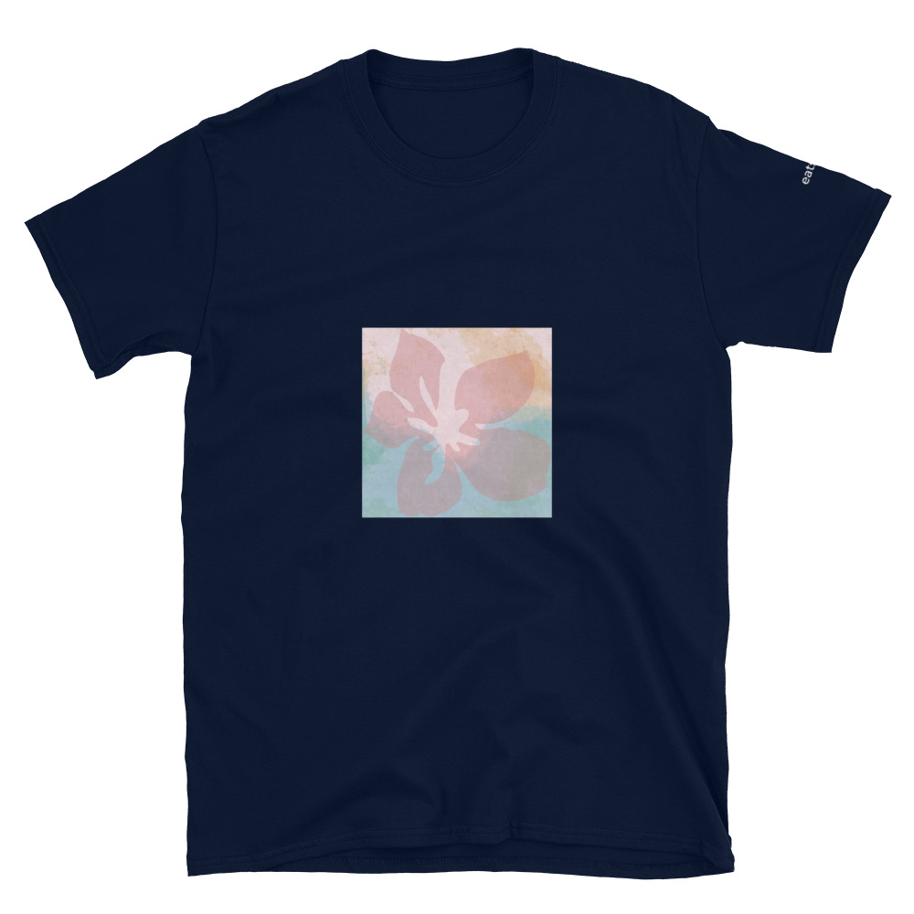 pink flower on dark blue t-shirt by eatsalt.com