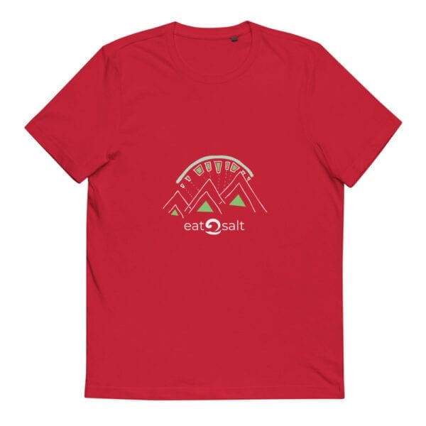 red t-shirt with lime and white mountain eat salt design