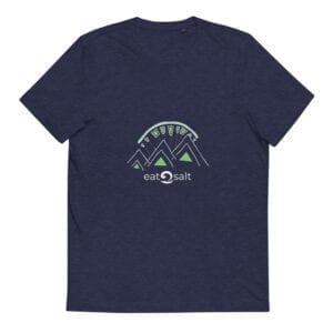 dark blue heather t-shirt with lime and white mountain eat salt design