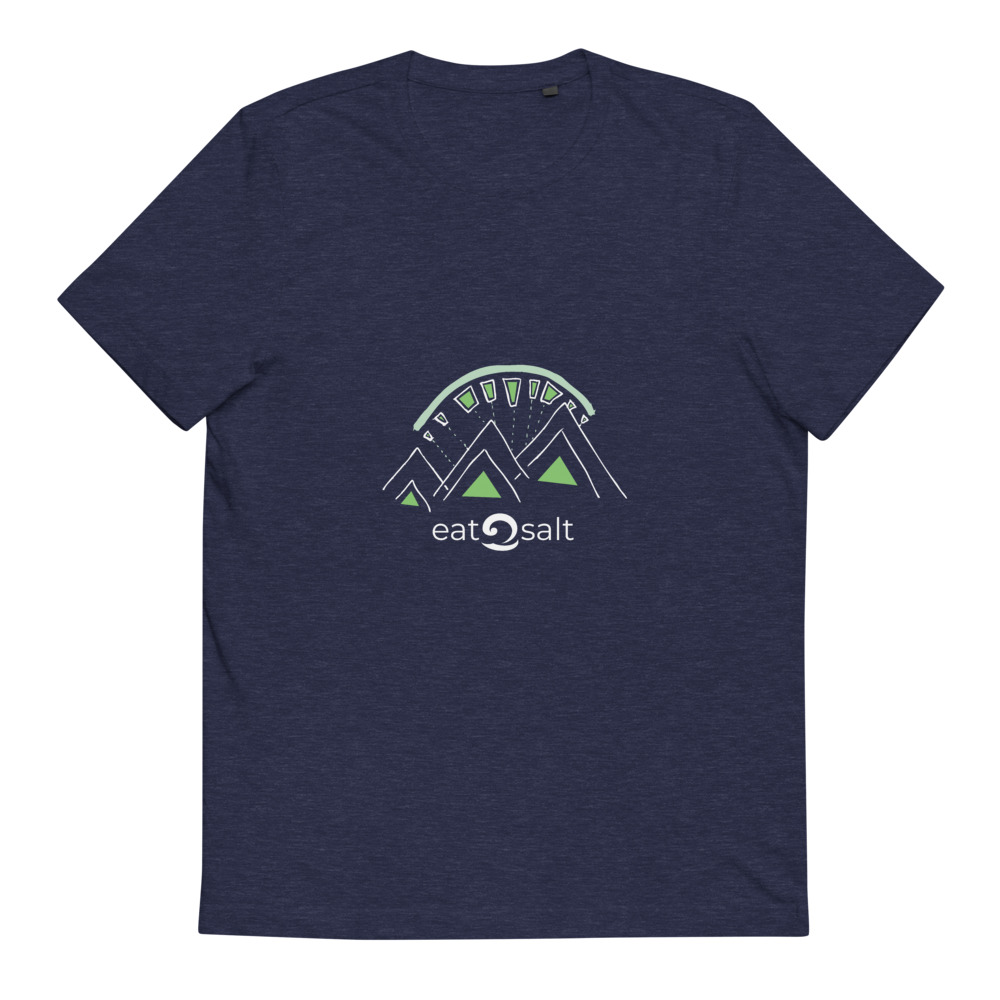 dark blue heather t-shirt with lime and white mountain eat salt design