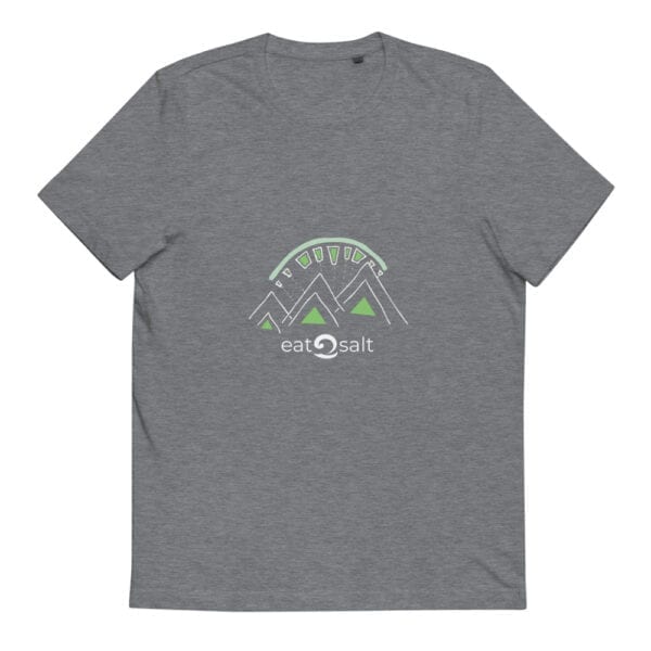 grey t-shirt with lime and white mountain eat salt design