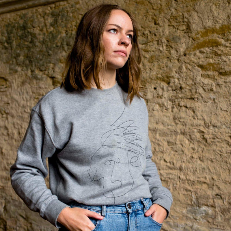 eatsalt-mim-beck-squiggly-man-grey-fleece-sweater_1 Grey unisex sweater with Mim Beck design - Mim Beck
