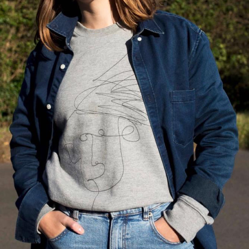 eatsalt-mim-beck-squiggly-man-grey-fleece-sweater_5 Grey unisex sweater with Mim Beck design - woman
