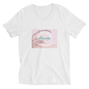 white eatsalt women's t-shirt with pink eat salt wave design