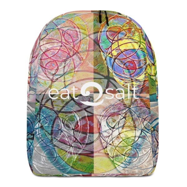 Front of colourful eatsalt backpack