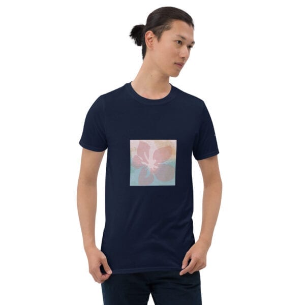 pink flower on dark blue t-shirt