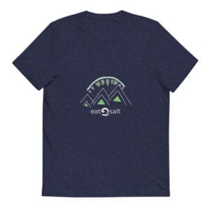 dark blue heather t-shirt with lime and white mountain eat salt design