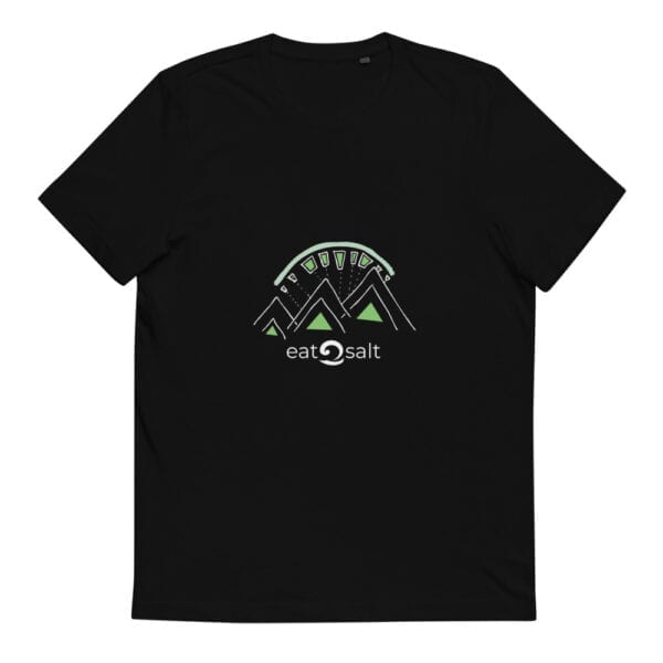 black t-shirt with lime and white mountain eat salt design