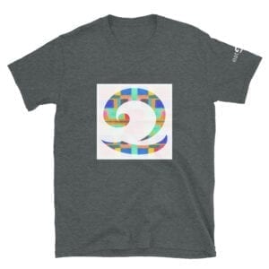 colourful wave logo on dark grey t-shirt