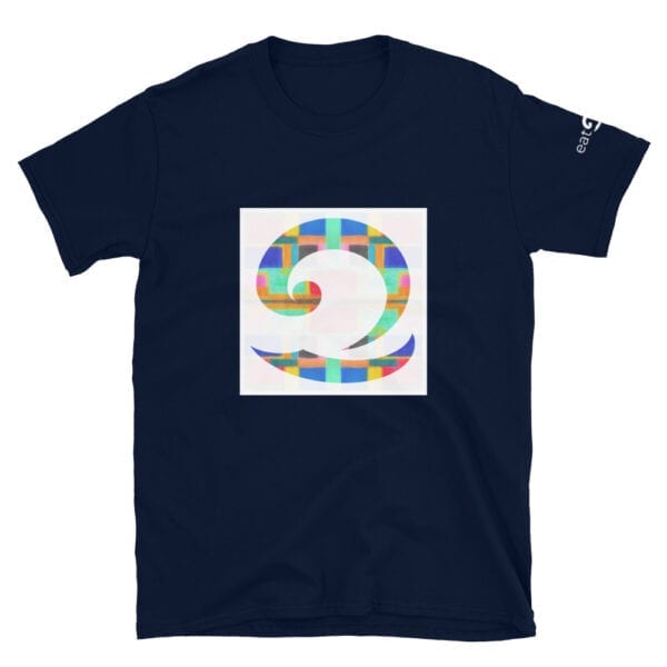 colourful wave logo on navy blue t-shirt