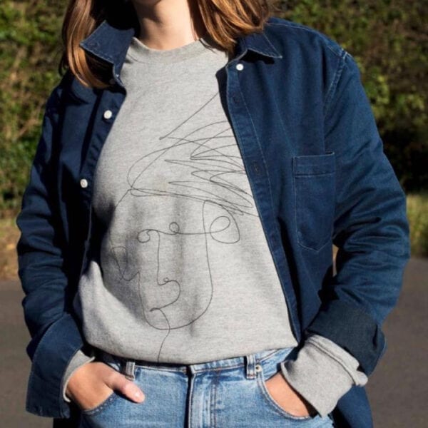 Grey unisex sweater with Mim Beck design - woman