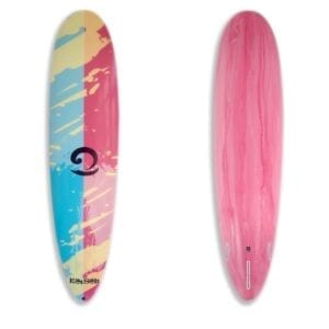7'6" mini mal surfboard with pink marble tint bottom