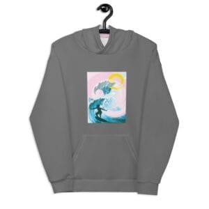 grey hoodie for the beach with blue/pink image - front